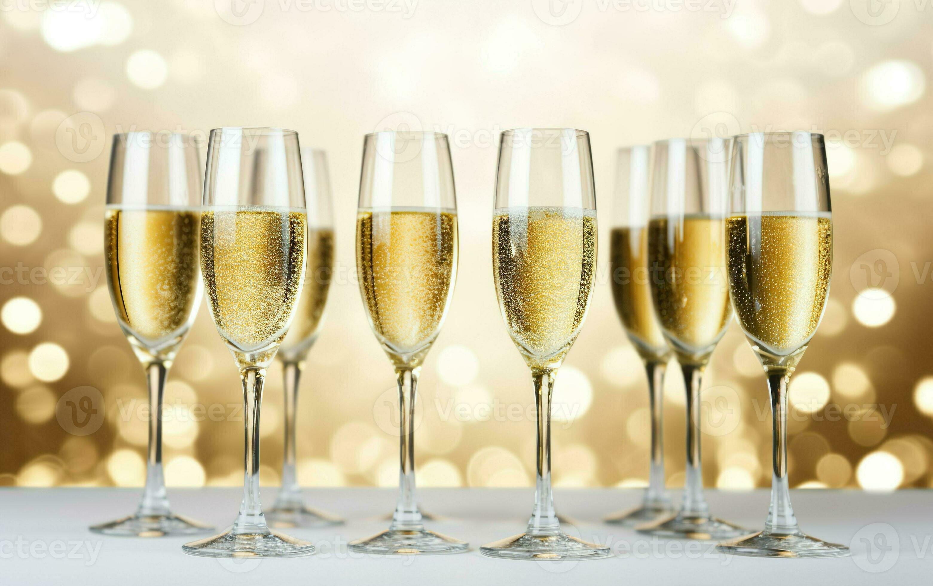 bicchieri di Champagne su tavolo su il oro festivo bokeh sfondo. molti  bicchiere di bianca scintillante vino. buffet. celebrazione di compleanno,  battesimo, nozze o aziendale festa. ai generativo 28764799 Stock Photo su