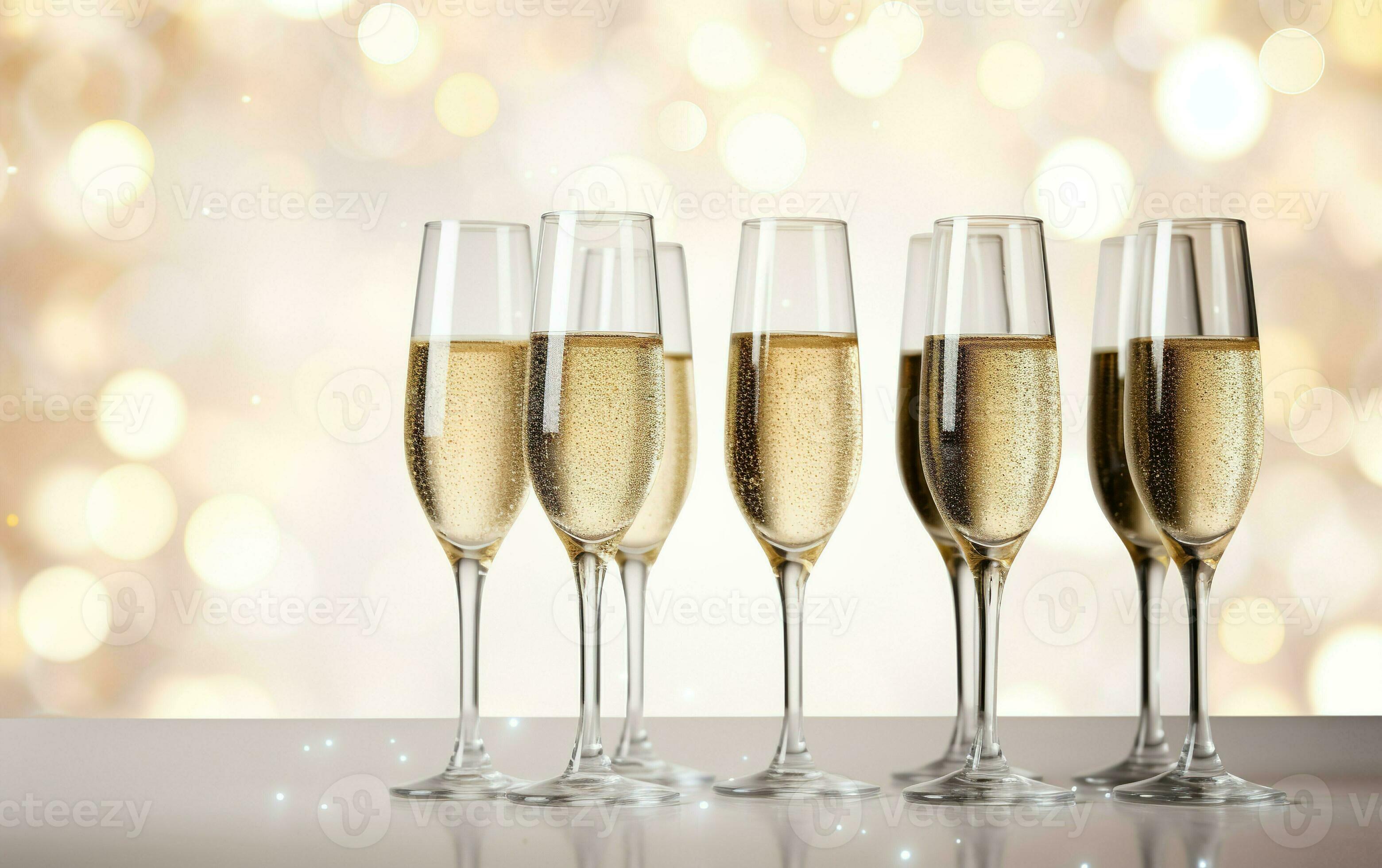 bicchieri di Champagne su tavolo su il oro festivo bokeh sfondo. molti  bicchiere di bianca scintillante vino. buffet. celebrazione di compleanno,  battesimo, nozze o aziendale festa. ai generativo 28764892 Stock Photo su