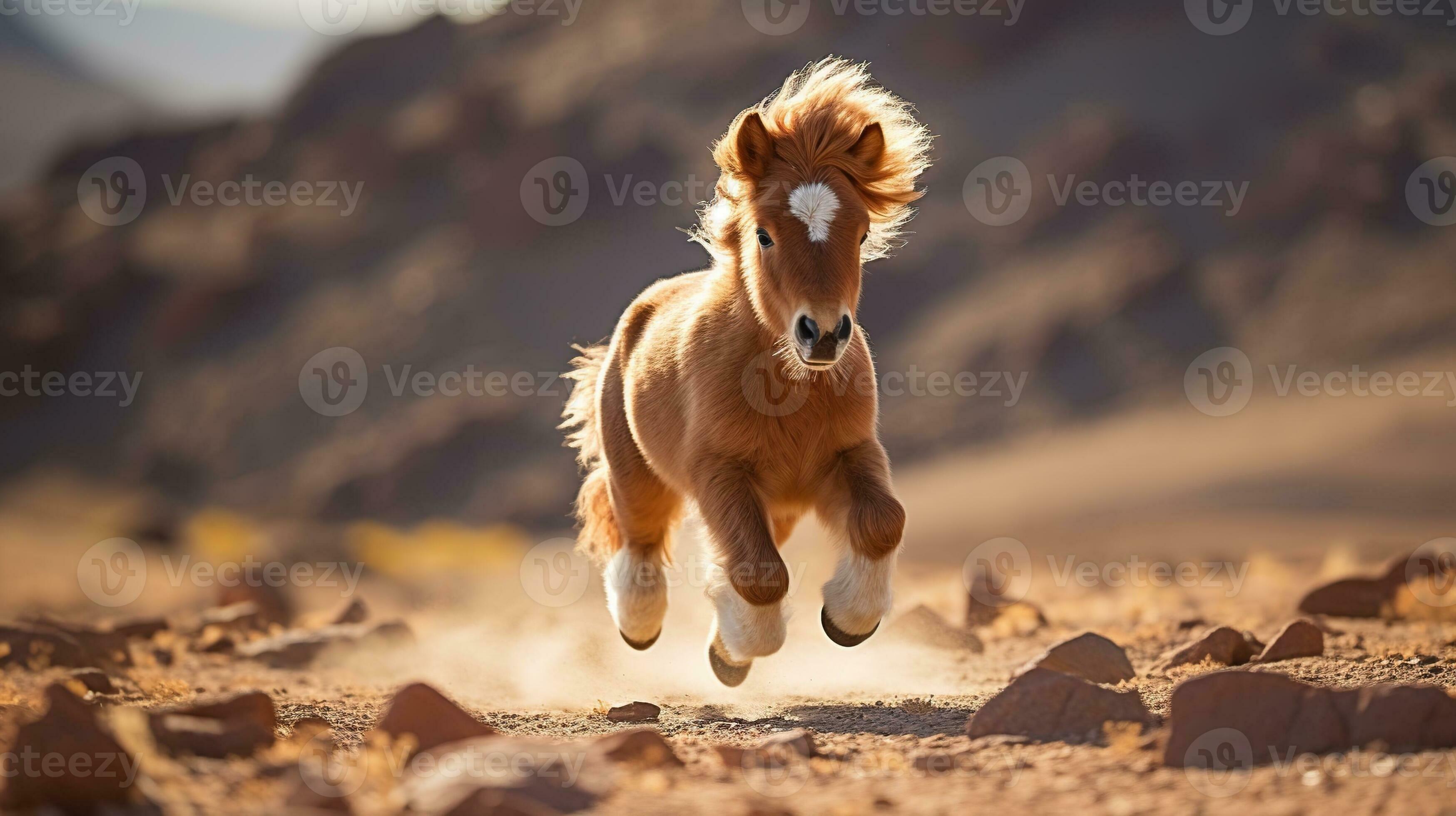 un' mini pony cavallo in esecuzione al di sopra di il deserto