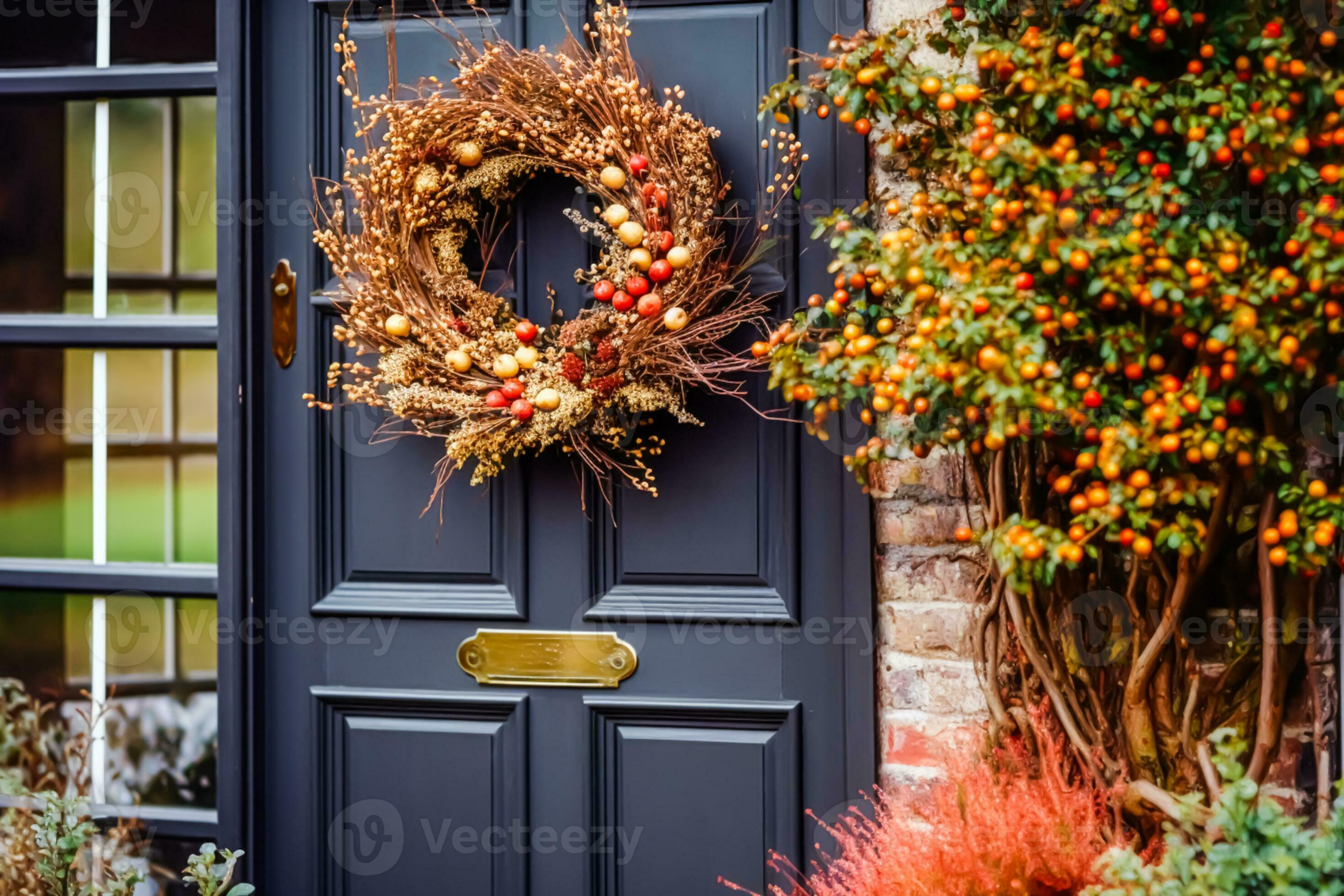 autunno ghirlanda decorazione su un' classico porta Entrata
