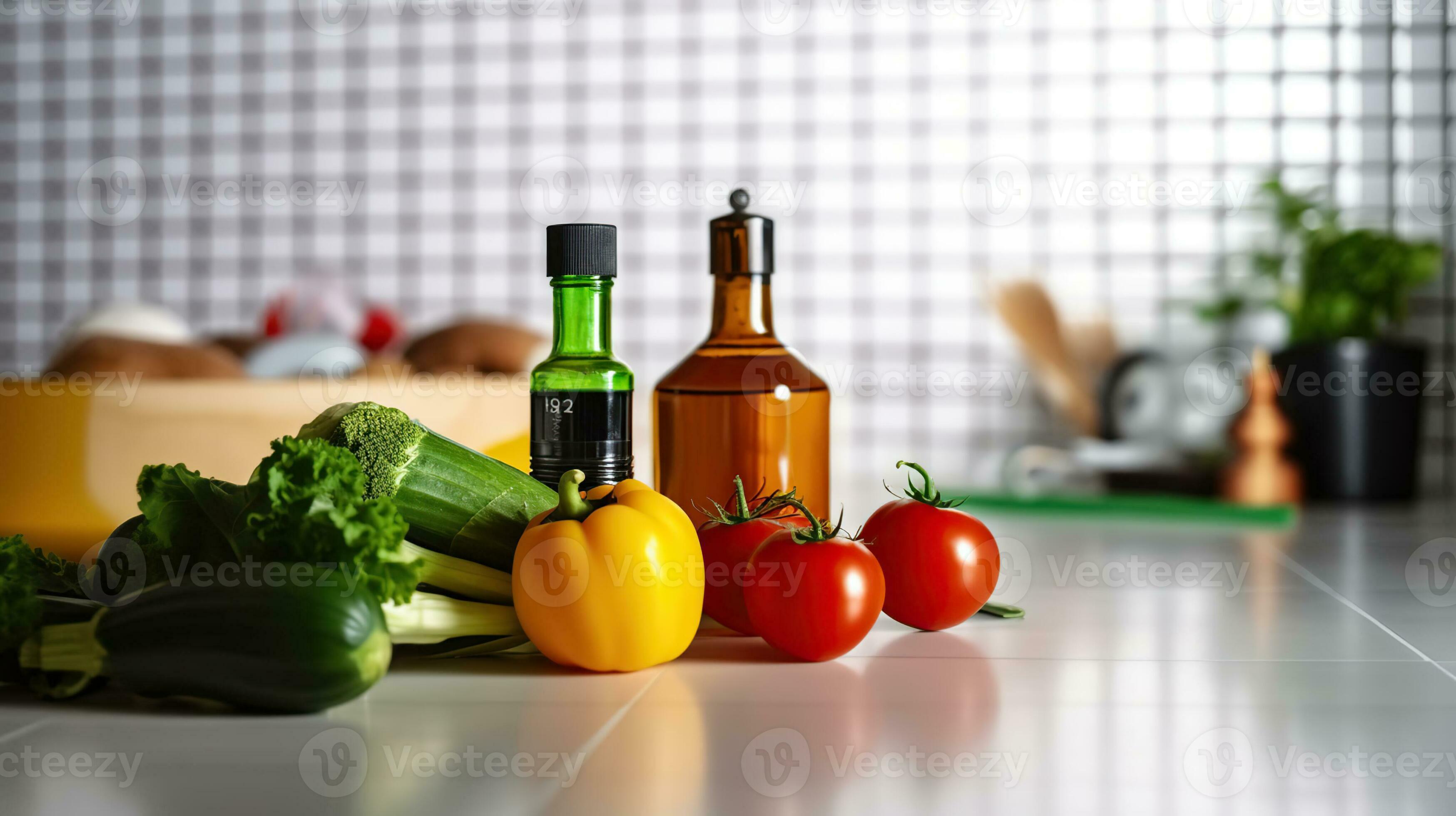 la verdura, olio e raschietto su cucina contatore sfondo. generativo ai  29625383 Stock Photo su Vecteezy