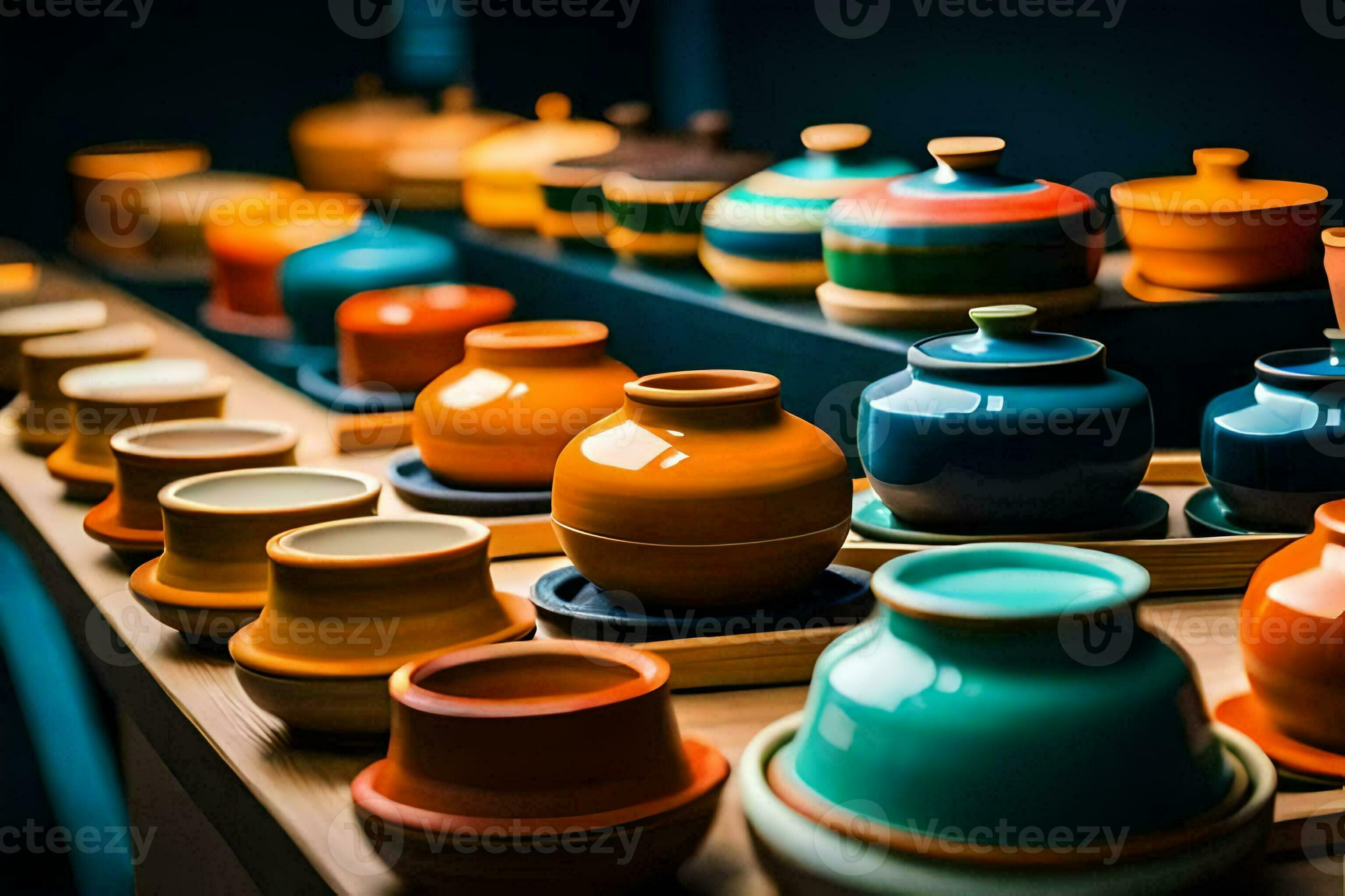 colorato ceramica pentole e ciotole su un' tavolo. ai-generato 30157155  Stock Photo su Vecteezy