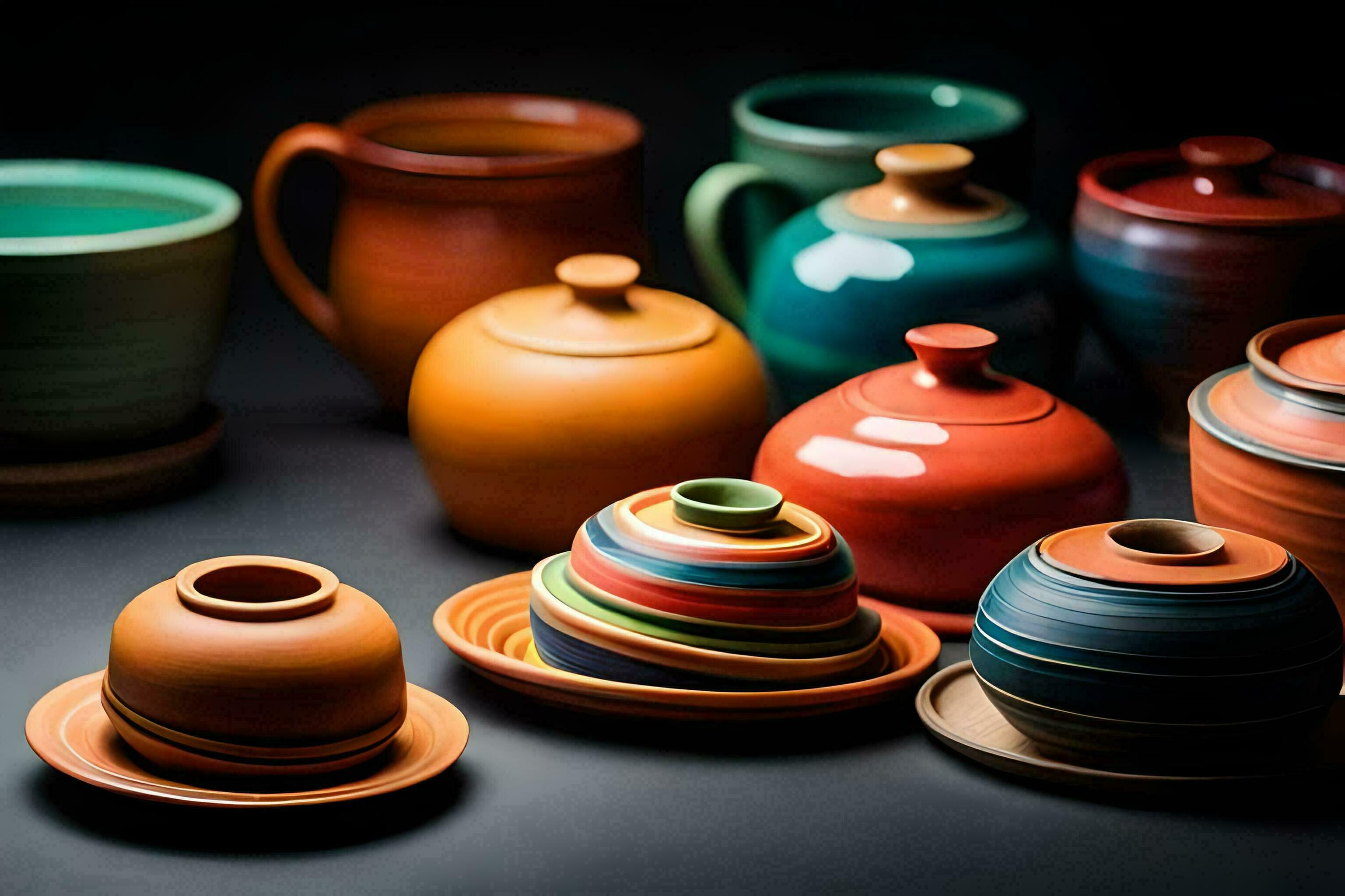 un' gruppo di colorato ceramica pentole e ciotole. ai-generato 30181591  Stock Photo su Vecteezy