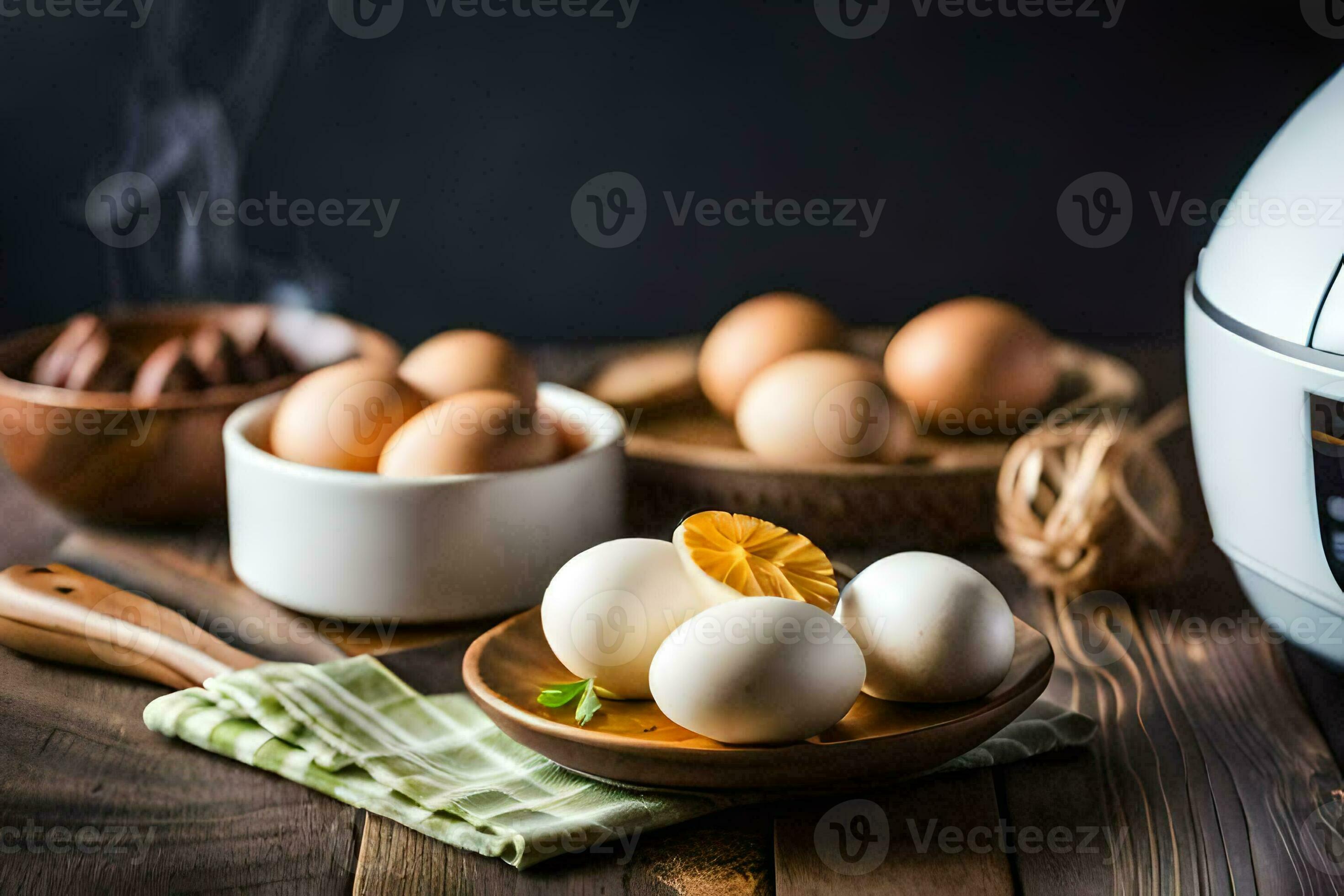 un elettrico pressione fornello con uova e un' ciotola di uova. ai-generato  30864247 Stock Photo su Vecteezy