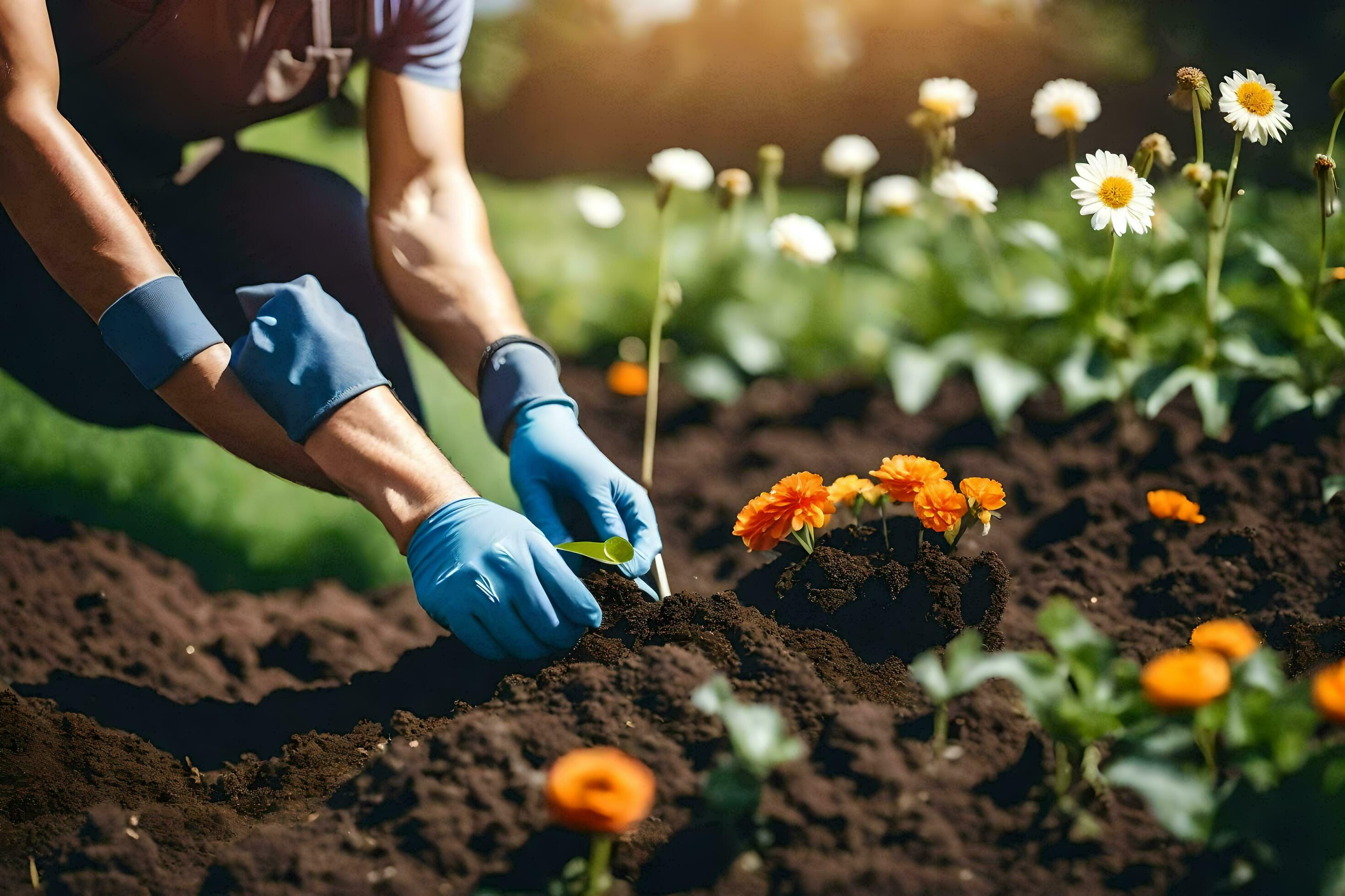 un' uomo nel blu guanti e guanti è piantare fiori. ai-generato 31283252  Stock Photo su Vecteezy