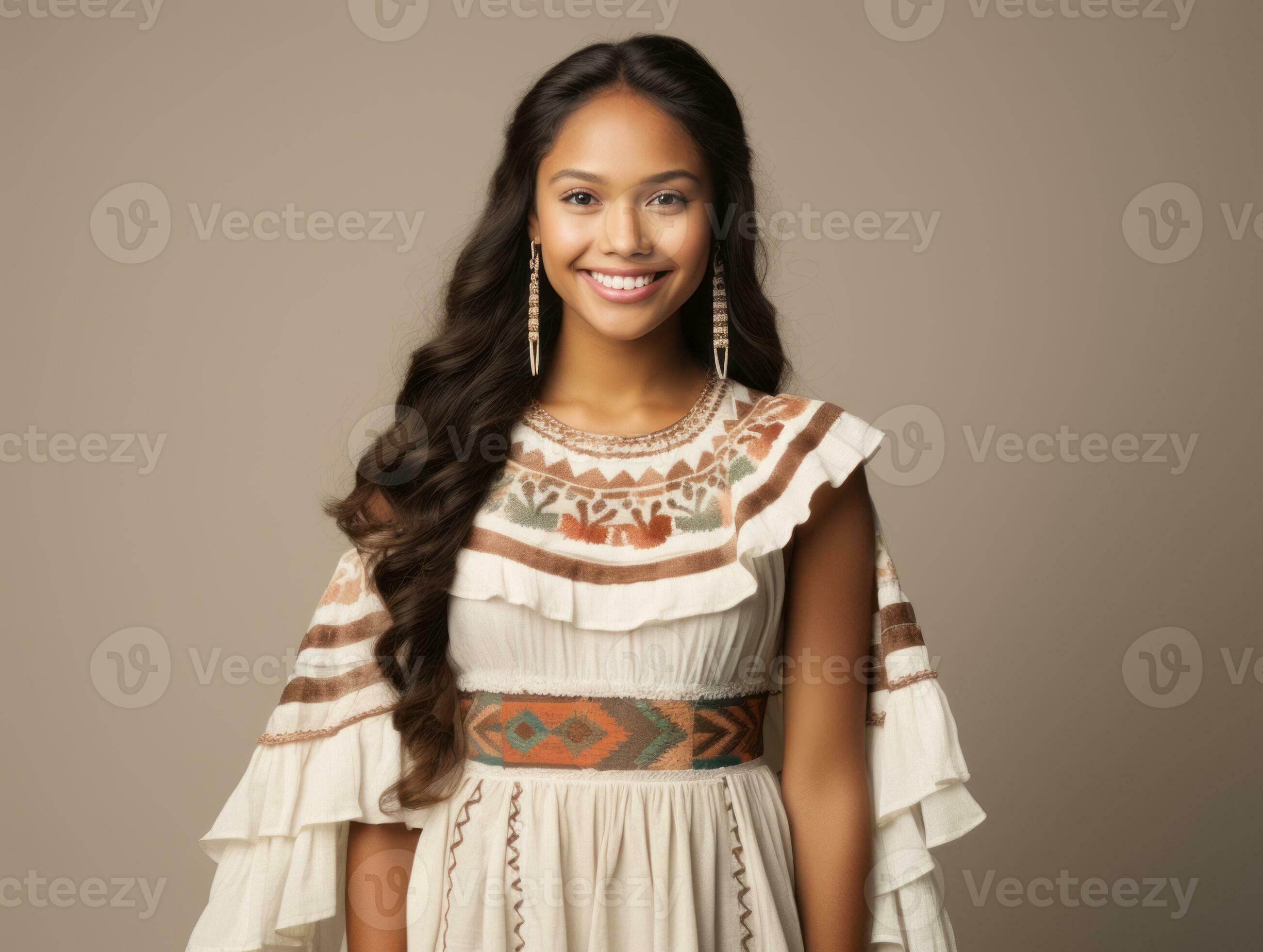 sorridente giovane donna di messicano discesa vestito nel elegante vestito  su grigio sfondo ai generativo 31523237 Stock Photo su Vecteezy