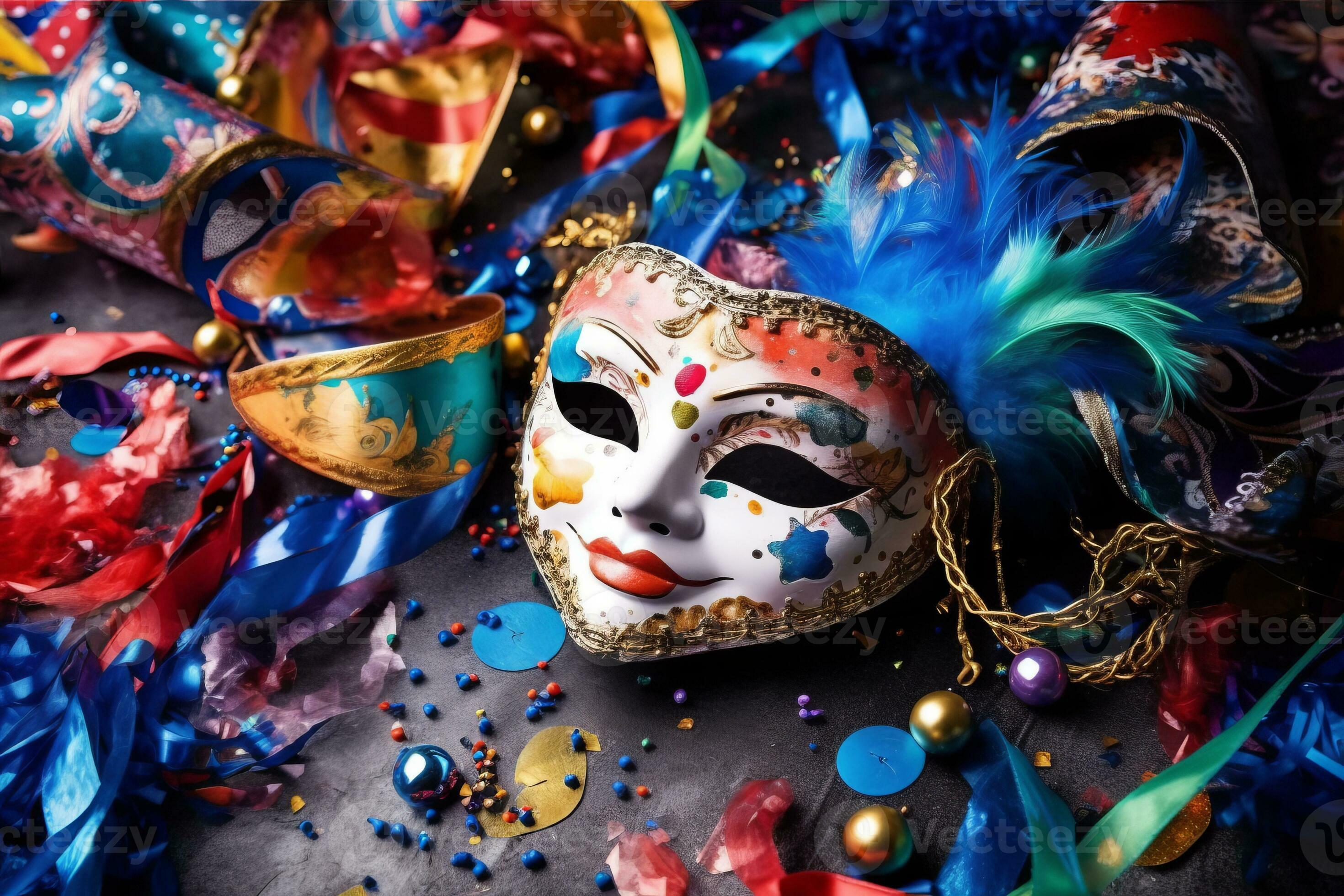 con veneziano carnevale maschera a fianco altro a tema carnevalesco oggetti  di scena, come come coriandoli, stelle filanti, e festa cappelli. concetto  per festivo evento promozioni. generativo ai 31548007 Stock Photo su