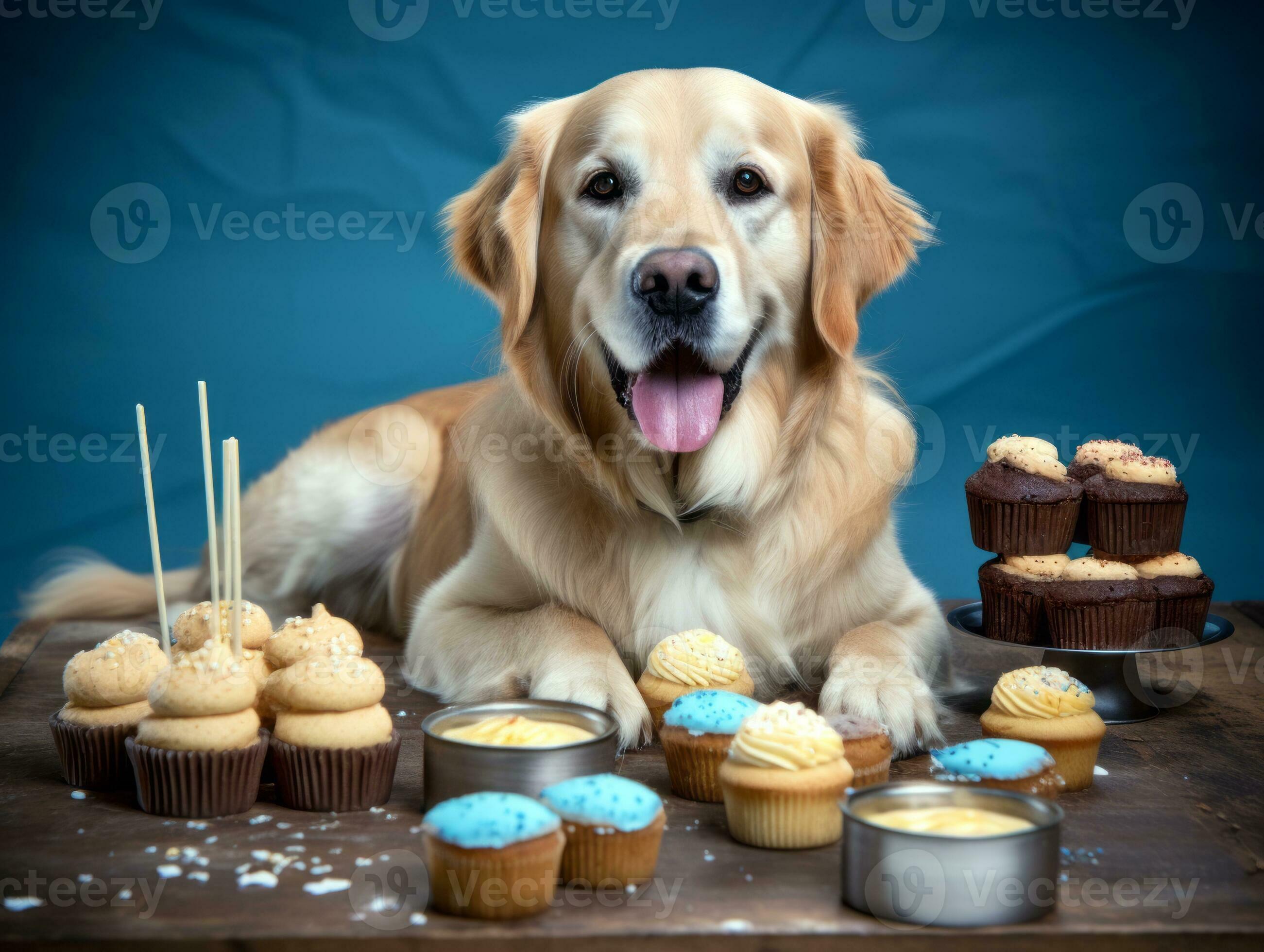 adorabile cane in posa con un' compleanno torta a un' celebrazione