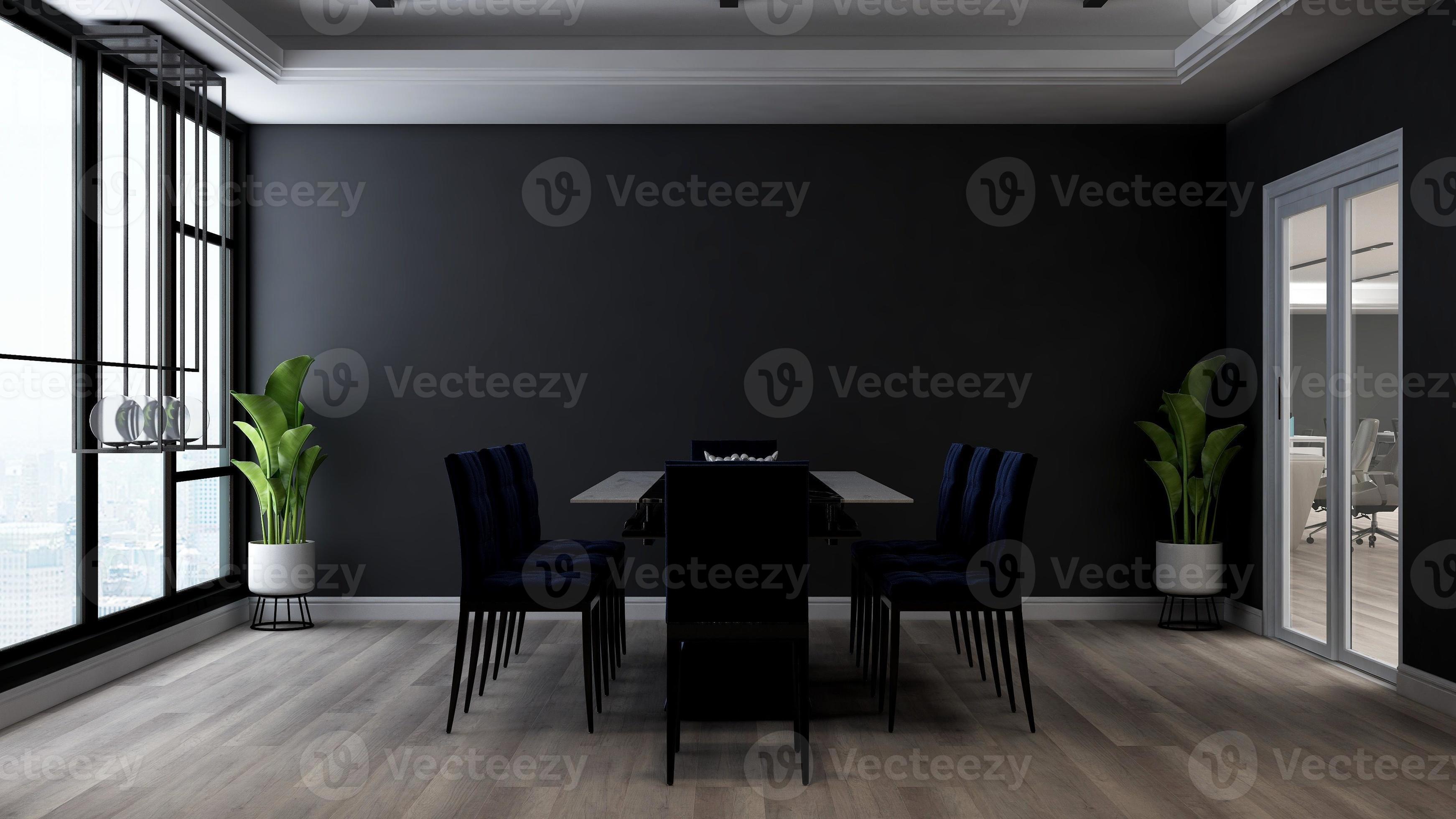Rendering 3d di design per ufficio - moderno modello di sala riunioni con concetto in bianco e nero foto