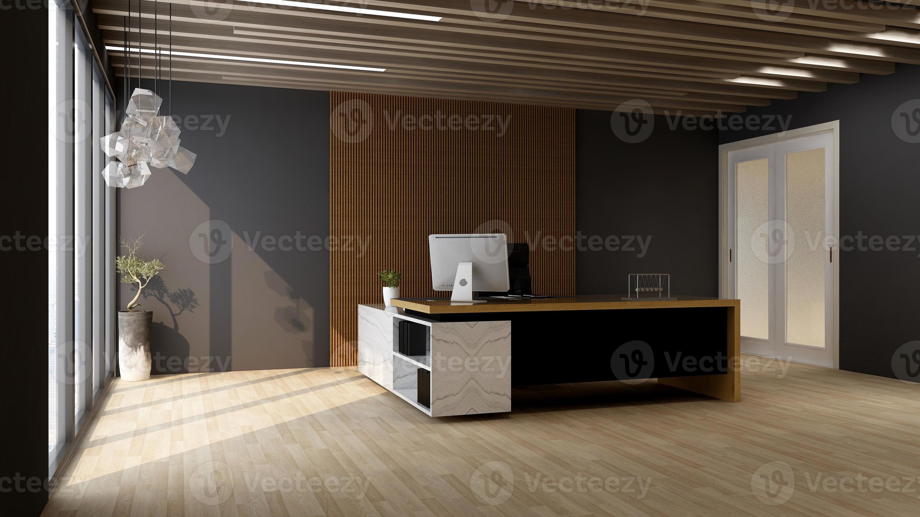 Camera minimalista dell'ufficio 3d con interni di design in legno foto