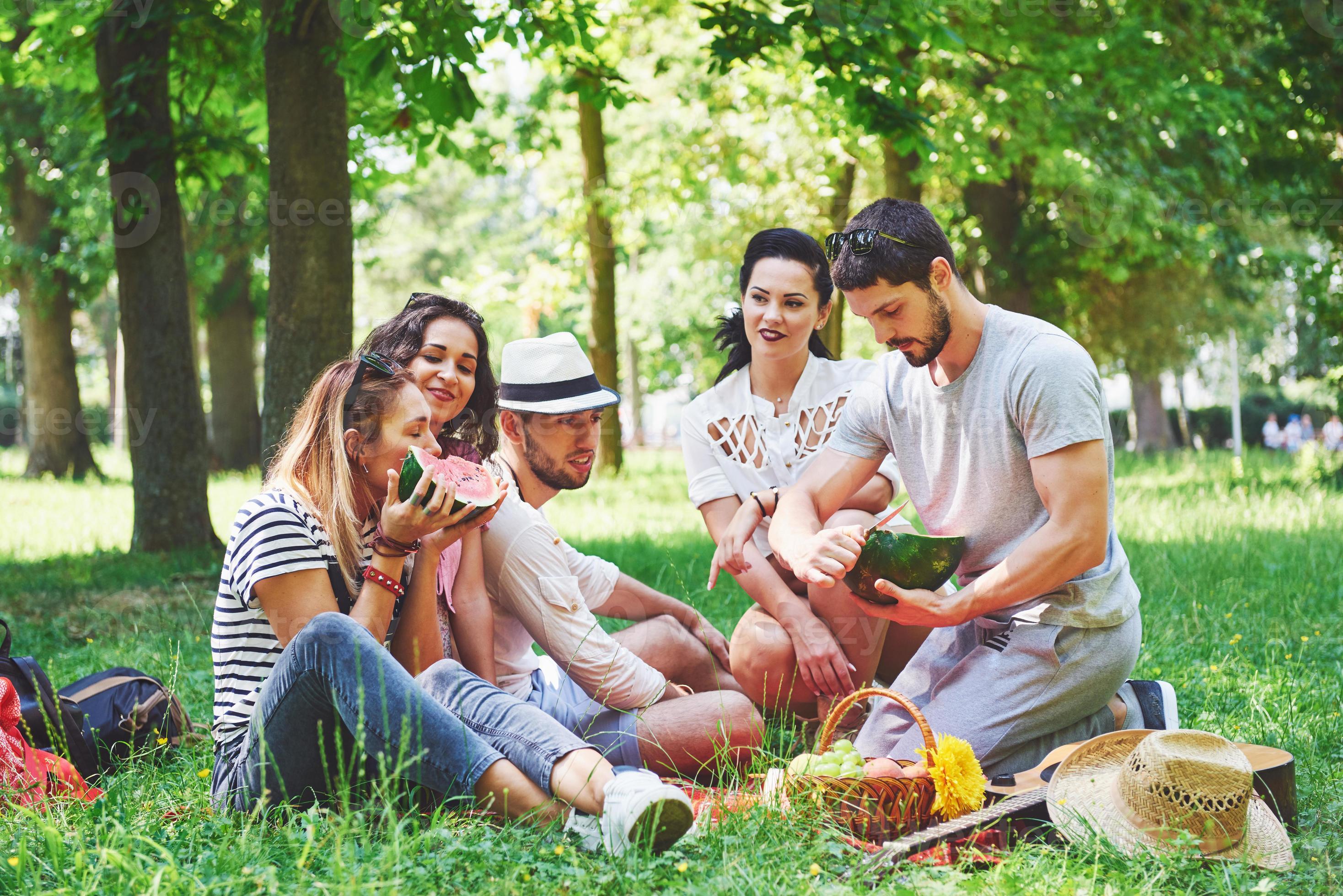 gruppo di amici che fanno picnic in un parco in una giornata di sole - persone che escono, si divertono mentre grigliano e si rilassano foto