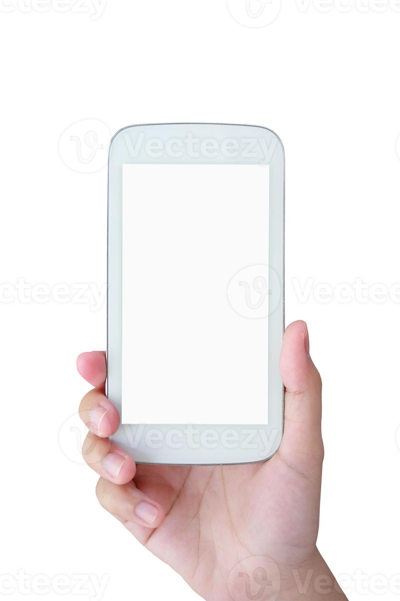 mano femminile che tiene lo smartphone bianco foto