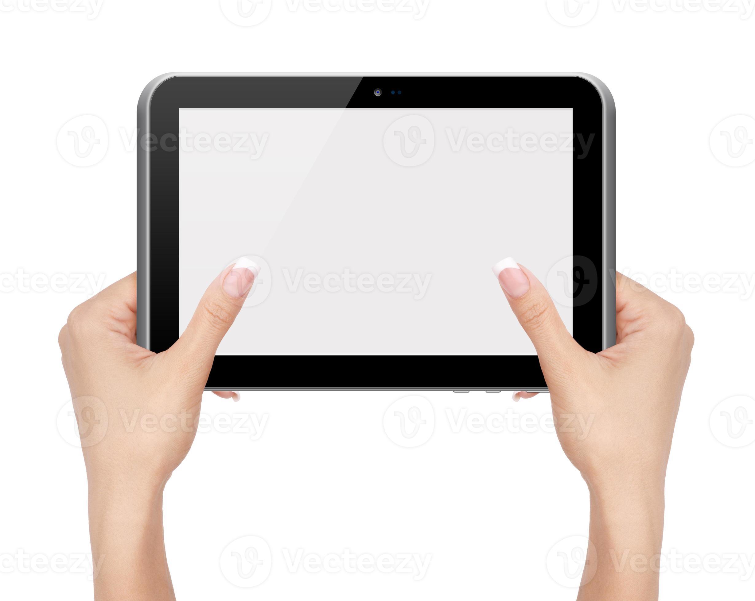 mani femminili che tengono e toccano sul tablet pc foto