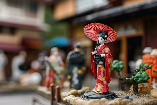 miniatura geisha nel kimono. giapponese asiatico diorama. piccolo donna nel  tradizionale costume creato con generativo ai tecnologia 25940381 Stock  Photo su Vecteezy