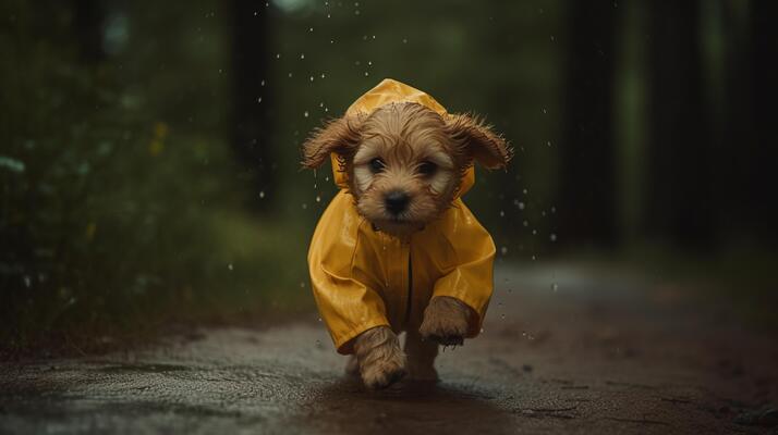 Là è un' piccolo cane indossare un' giallo impermeabile in piedi