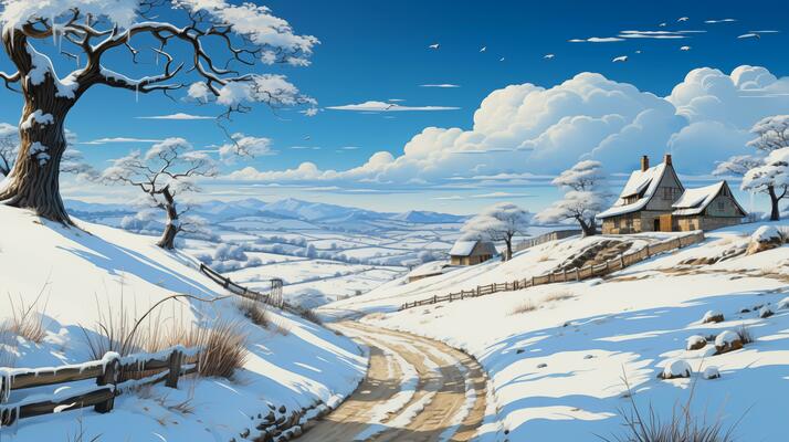 33084511-inverno-villaggio-nevoso-paesaggio-con-pini-foresta-e-colline-disegno-arte-e-dipingere-stile-di-innevato-campo-orizzontale-natura-scena-illustrazione-ai-generativo-foto