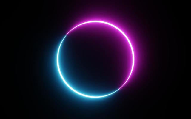 cornice rotonda con grafica in movimento con tonalità al neon a due toni su  sfondo nero isolato. luce blu e rosa in movimento per l'elemento di  sovrapposizione. rendering di illustrazioni 3d. spazio