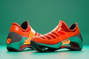 Illustrazione 3d di una scarpa concettuale per il metaverso. sneaker sportive colorate rosse e verdi su una piattaforma alta. foto