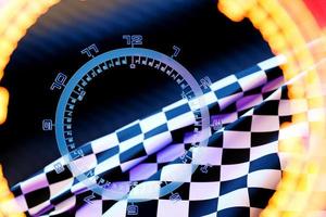 cronometro in stile realistico sulla bandiera della gara a scacchi. cronometro classico. illustrazione 3s foto