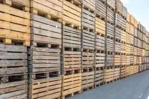 file di casse di legno scatole e pallet per frutta e verdura in magazzino. magazzino di produzione. industria vegetale foto