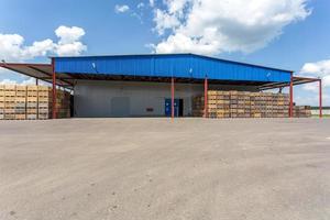 file di casse di legno scatole e pallet per frutta e verdura in magazzino. magazzino di produzione. industria vegetale foto