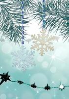 rami di pino decorati con fiocchi di neve. carta di capodanno foto