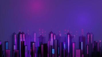 Rendering 3D della scena del paesaggio della mega città di cyber night. luce incandescente e riflessione sulla scena della tecnologia oscura. vita notturna. rete tecnologica per 5g. oltre il futuristico della capitale fantascientifica e della scena edilizia. foto