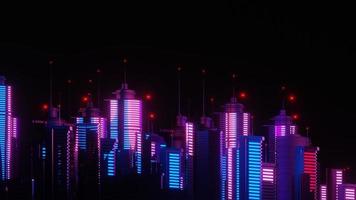 Rendering 3D della scena del paesaggio della mega città di cyber night. luce incandescente e riflessione sulla scena della tecnologia oscura. vita notturna. rete tecnologica per 5g. oltre il futuristico della capitale fantascientifica e della scena edilizia. foto