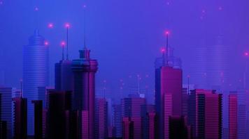 Rendering 3D della scena del paesaggio della mega città di cyber night. luce incandescente e riflessione sulla scena della tecnologia oscura. vita notturna. rete tecnologica per 5g. oltre il futuristico della capitale fantascientifica e della scena edilizia. foto