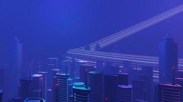 Rendering 3D della scena del paesaggio della mega città di cyber night. luce incandescente e riflessione sulla scena della tecnologia oscura. vita notturna. rete tecnologica per 5g. oltre il futuristico della capitale fantascientifica e della scena edilizia. foto