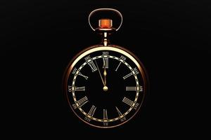 Illustrazione 3d di antico orologio rotondo nero con tagli 2023 e mesi di calendario su sfondo nero isolato. icona del cronometro, logo. cronometro, timer vintage foto