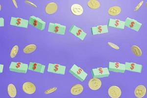 bitcoin e moneta da un dollaro con sfondo blu e spazio per la copia, illustrazione di rendering 3d con luci soffuse. foto