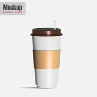 tazza usa e getta in plastica bianca con coperchio per bevande fredde - bibite gassate, tè o caffè freddo, cocktail, frullati, succhi di frutta. 450 ml. modello di mockup di imballaggio realistico. illustrazione 3d foto