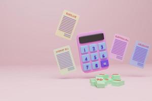 calcolatrice rosa pastello, spese varie, denaro, su sfondo rosa pastello, rendering 3d, illustrazione 3d, colore moderno, design minimalista. foto