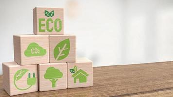 l'icona dell'ecologia sul cubo di legno per il rendering 3d di concetto ecologico o naturale foto