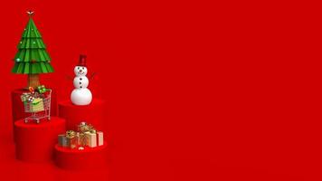 l'albero di natale e il pupazzo di neve sul tono di colore rosso per il rendering 3d di concetto di vacanza o di affari foto