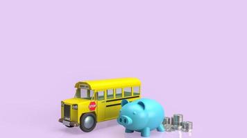 il salvadanaio e lo scuolabus su sfondo rosa per l'istruzione o il concetto di risparmio 3d rendering foto