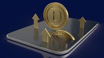 il dogecoin d'oro su tablet per il rendering 3d di contenuti di criptovaluta foto