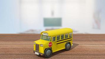 lo scuolabus sul tavolo di legno in classe per il ritorno a scuola o il concetto di istruzione rendering 3d foto