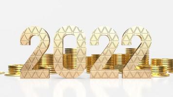 il numero d'oro 2022 e le monete d'oro su sfondo bianco per il rendering 3d del concetto di business o di Capodanno foto