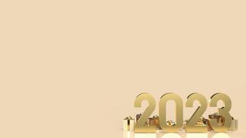 il numero d'oro 2023 e la confezione regalo per la celebrazione o il felice anno nuovo concetto di rendering 3d foto
