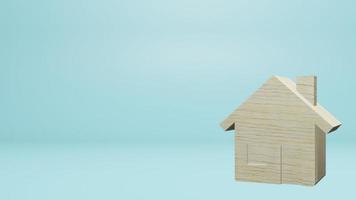 la piccola casa in legno su sfondo blu per il rendering 3d del contenuto della proprietà foto