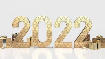 il numero d'oro 2022 e la confezione regalo su sfondo bianco per il rendering 3d del concetto di business o di Capodanno foto