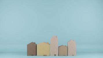 le case in legno di dimensioni multiple giocano su sfondo blu rendering 3d foto