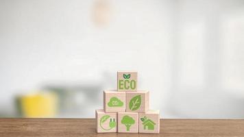 l'icona dell'ecologia sul cubo di legno per il rendering 3d di concetto ecologico o naturale foto