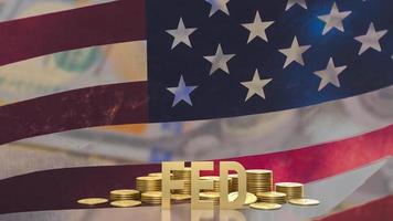 il testo in oro alimentato e monete sullo sfondo della bandiera degli Stati Uniti per il rendering 3d del concetto di business foto