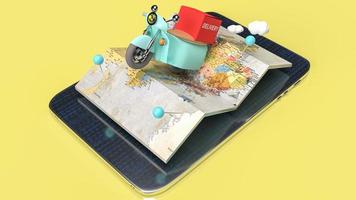 la mappa e il tablet per la consegna o il concetto di trasporto delle app rendering 3d foto