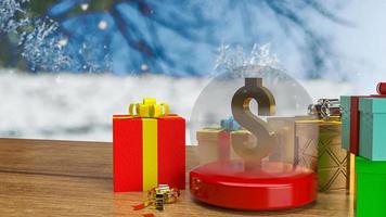 il dollaro d'oro nella sfera di cristallo di Natale e nella confezione regalo per il concetto di business o vacanza rendering 3d foto