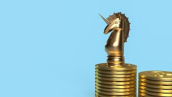 l'unicorno e le monete d'oro per il rendering 3d di start up o business concept foto