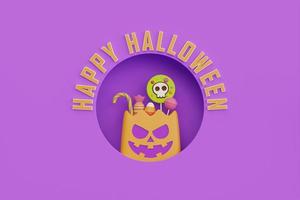 felice halloween con borsa zucca jack-o-lantern piena di caramelle colorate e dolci su sfondo viola, tradizionale vacanza di ottobre, rendering 3d. foto
